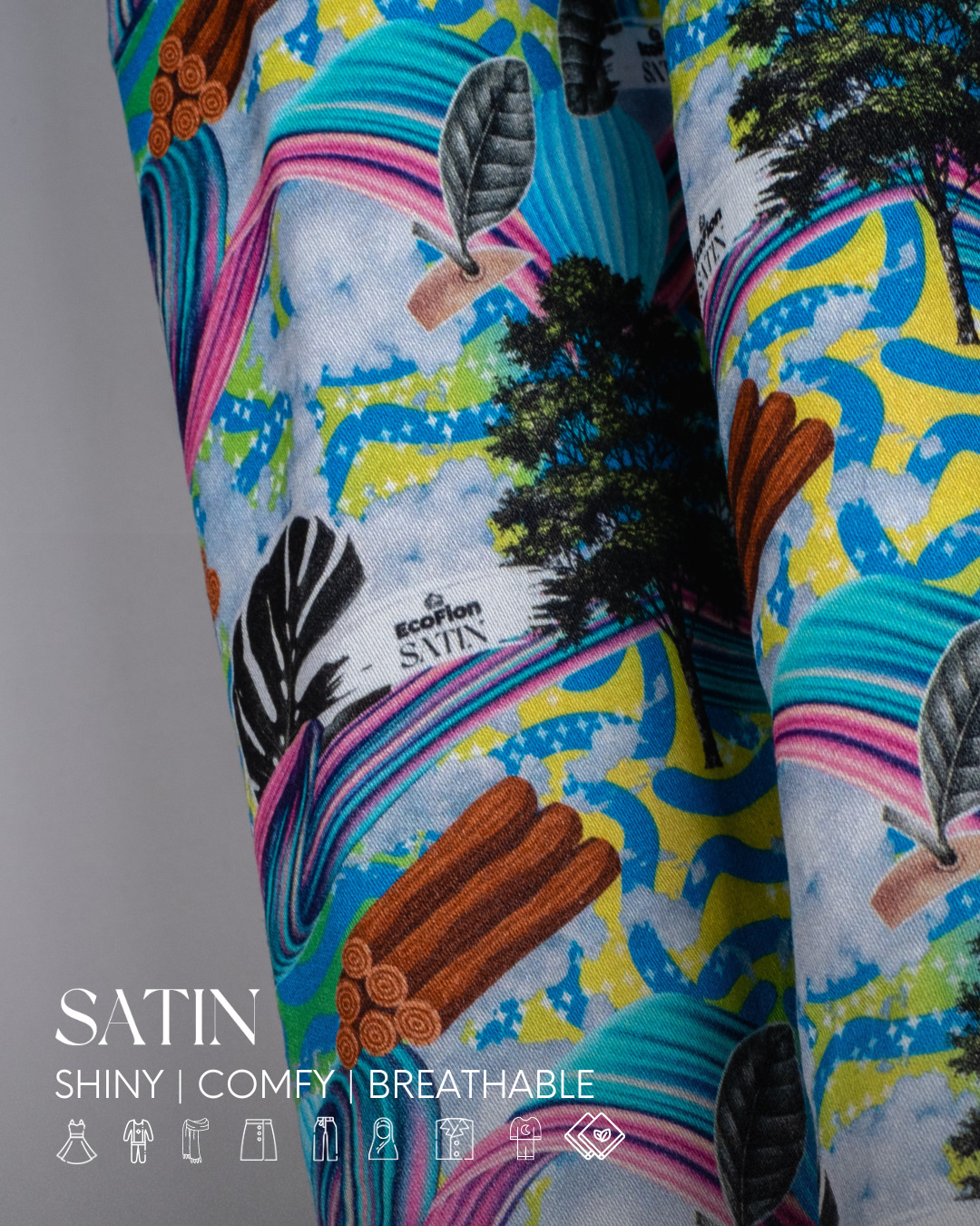 EcoFion Satin viscose fabric with tropical print