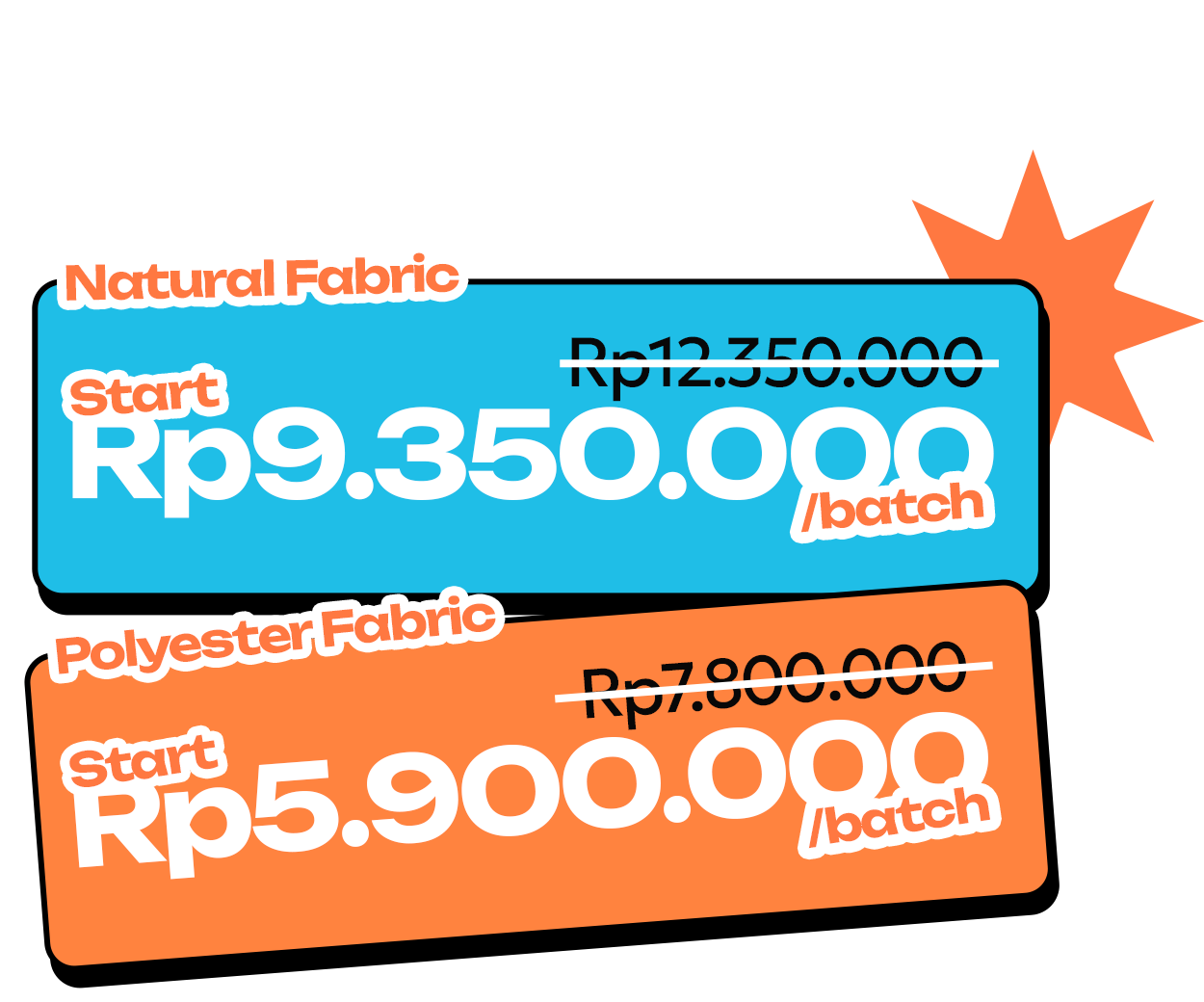 Business Package promo price: Natural Fabric from Rp9,350,000/batch, Polyester from Rp5,900,000/batch