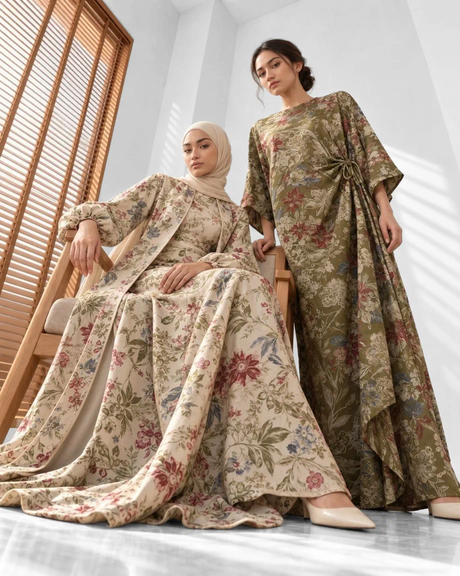 Dua model mengenakan kaftan dan gamis bermotif floral